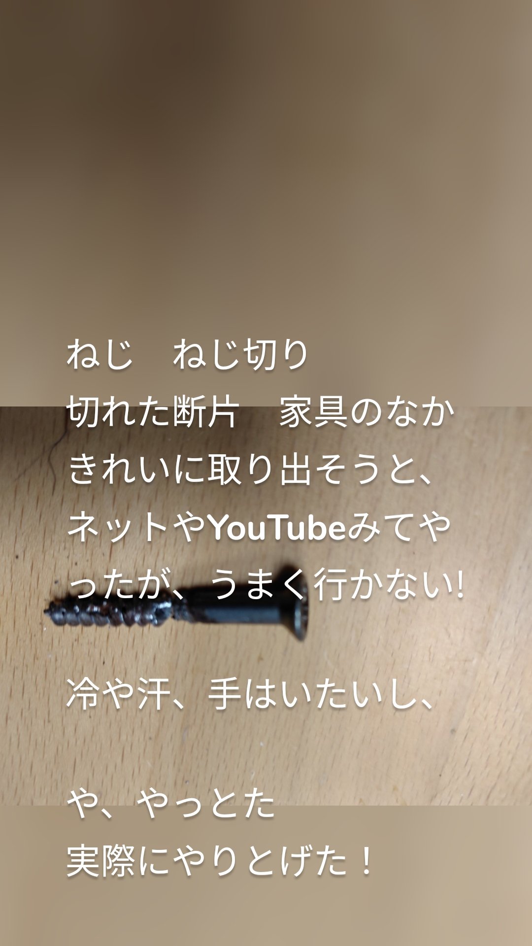 ねじ ねじ切り
切れた断片 家具のなか
きれいに取り出そうと、
ネットやYouTubeみてやったが、うまく行かない!
冷や汗、手はいたいし、
や、やっとた
実際にやりとげた!